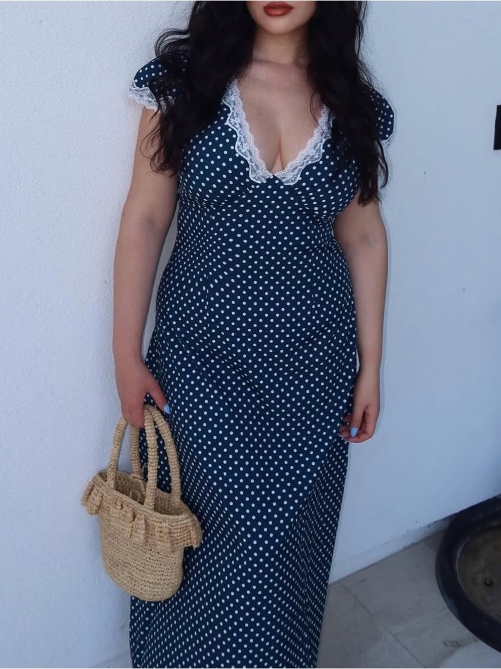 RIHOAS Navy Polka Dot Maxi Dress with Lace Trim